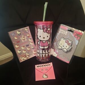 HELLO KITTY Bundle with 20 Oz Tumbler Necklace Earrings and Stickers